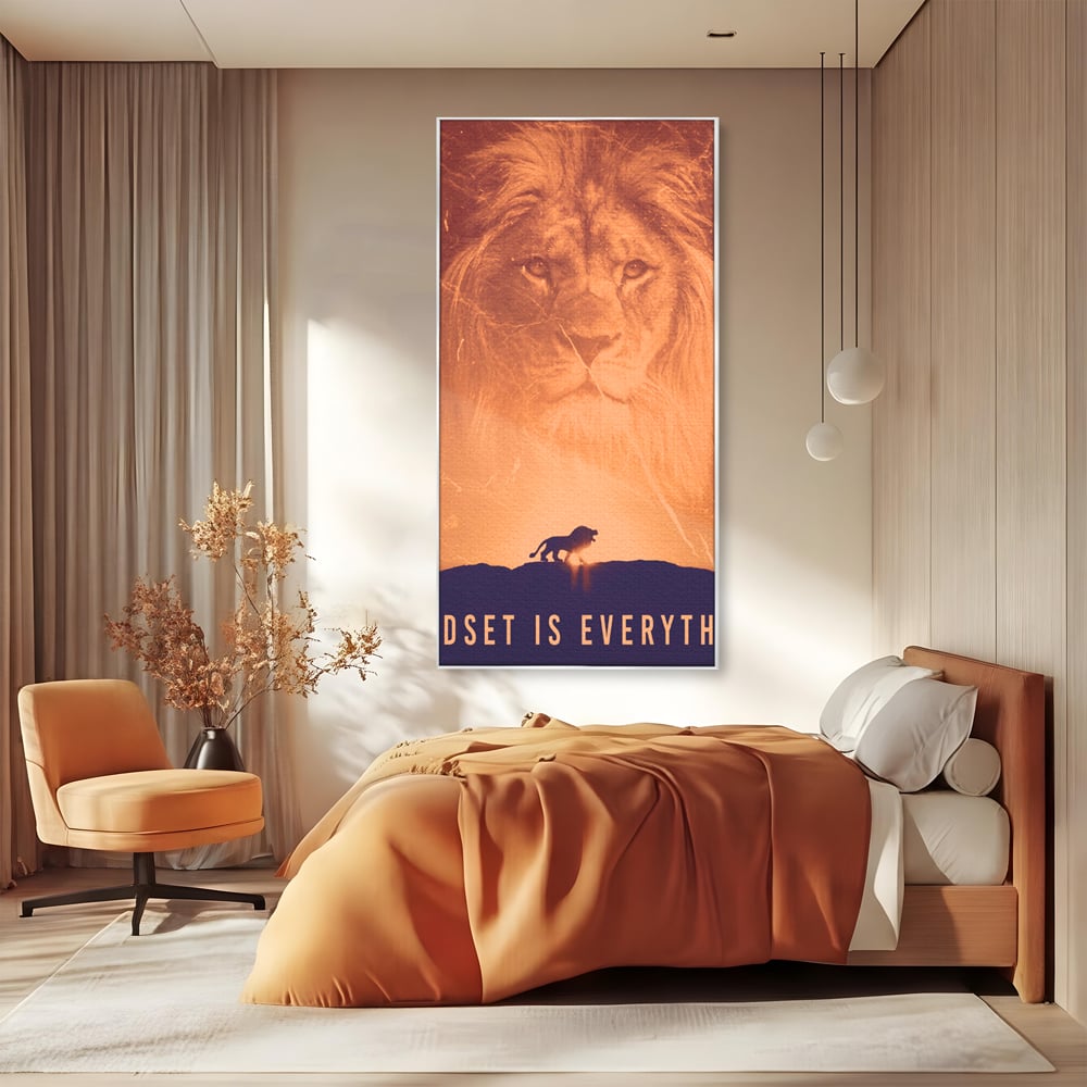 Tablou canvas cu tablou motivational cu leu si silueta, in rama de aluminiu argintiu, pe perete intr-un dormitor